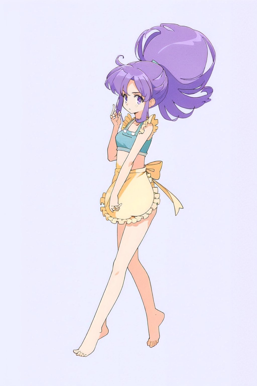 1 girl, SHANPUURANMA, medium breast, 
BIKINI_APRON_SMP, bare feet,  purple hair, ,retro