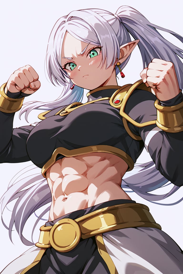 score_9, score_8_up, score_7_up, ddk, bfg, blushed, frieren, sousou_no_frieren, 1girl, green_eyes, white_hair, grown up,big breast, dragon ball style,  power up, fist, armor, abs, muscular, 