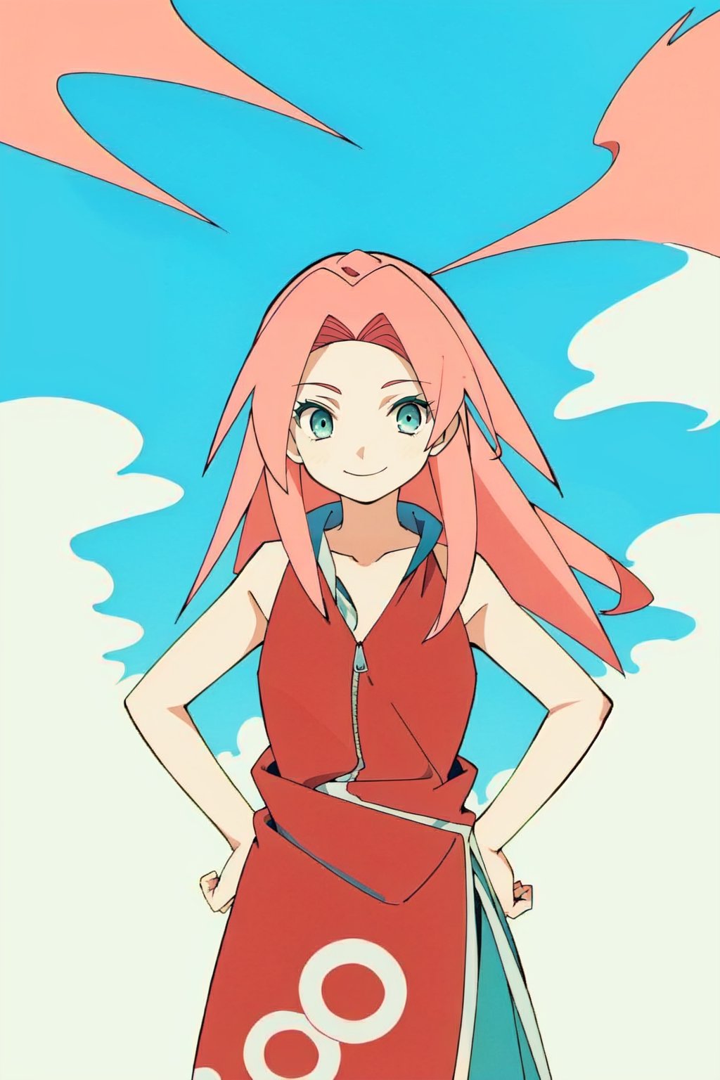 1 girl, masterpiece, best quality, 1girl,haruno sakura, pink hair, long hair, green eyes, forehead protector, smile, hands on hips, blue sky, cloud, hidden village 