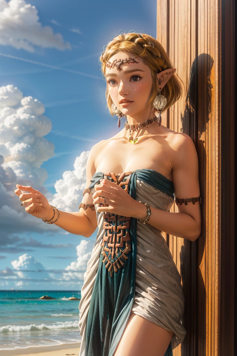 beach, 1girl,short hair,blonde hair,jewelry,earrings,pointy ears,bare shoulders,green eyes,strapless,bracelet,dress,strapless dress,circlet,collarbone,clouds,flushed, loose dress, toned, fit