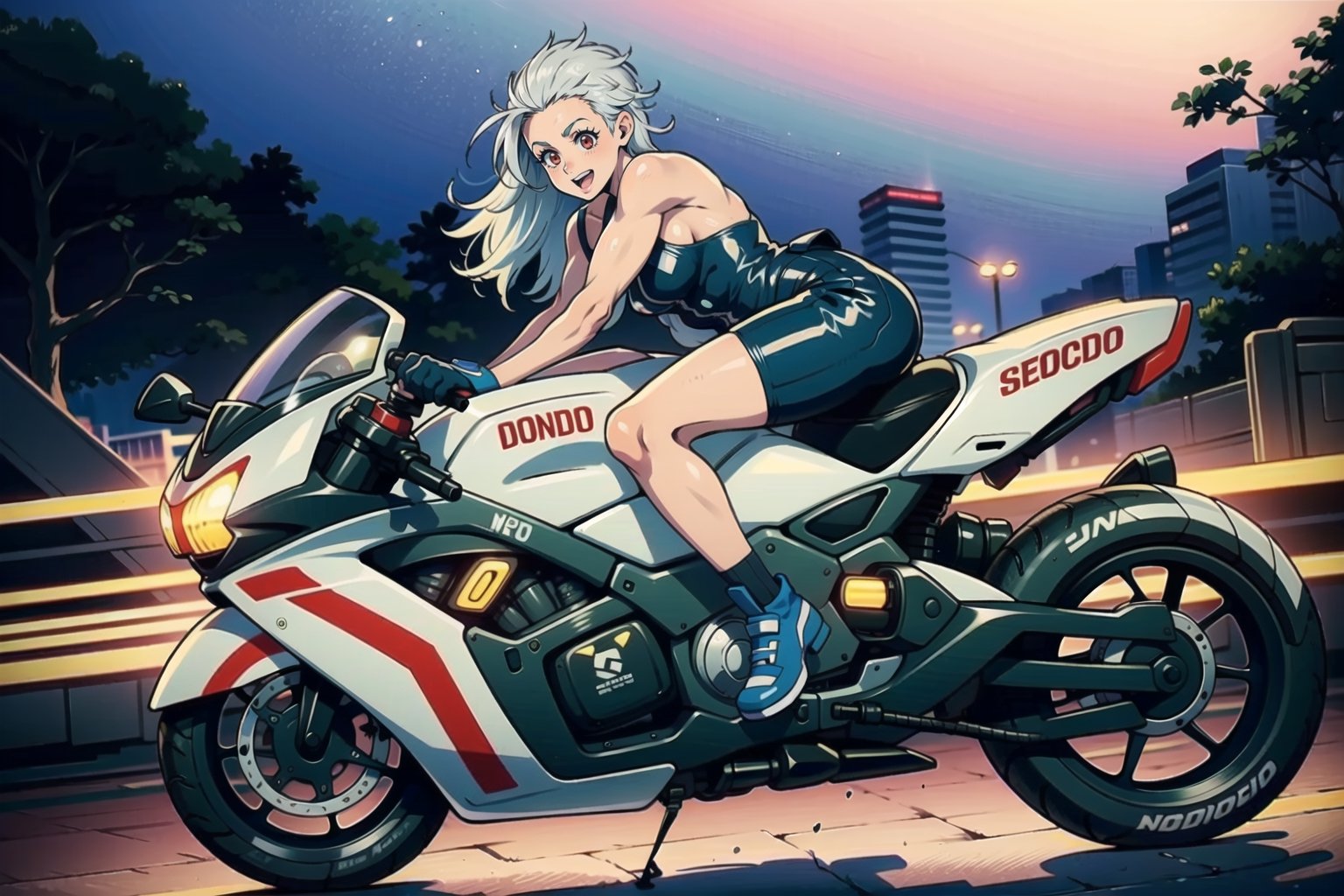 1 girl, outdoor,  happy, noi_(dorohedoro), muscles,  white hair, red eyes:1.3, mechanic overall:1.2,  latex, short, sexy, hot, bareshoulders,  happy, glossy, tron bike, neon lights, speedlight, future bike, flying bike, 