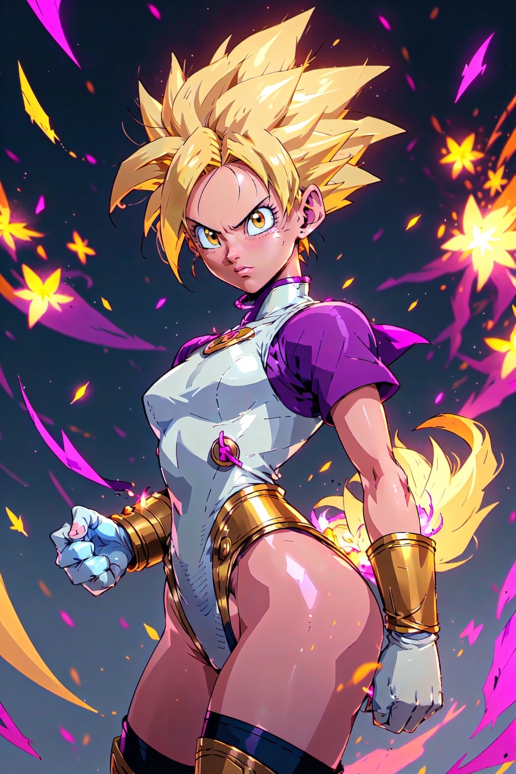 1girl, fasha,  eraings, saiyan armor,white gloves 1 tail, white boots, monkey tail, ,Ki Charge,r1ge, golden hair, yellow hair, girl:1.4, pink leotard, glowing, flying debris, magic, aura, bike short, fist, dragon ball z,Android_18_DB,videl2