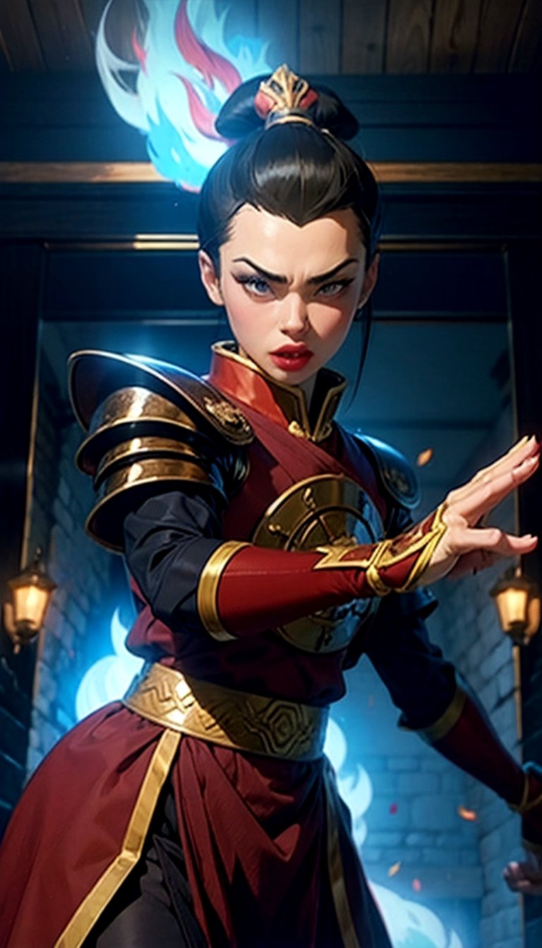 azula, 1 girl, blue fire:1.2, ornaments, ancient palace, natural light, realistic, lipstick, makeup, ponytail, topknot, blue lighting, metallic shoulder pad, samurai,r1ge, blue, shoulder armor, kung fu pose