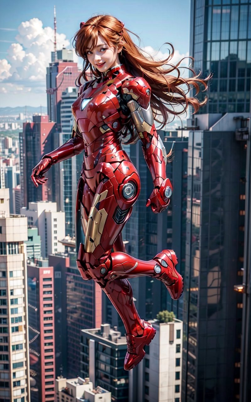 1 girl, lnog hair, side,  full body, ,iron man suit,  pauldrons, ,iron man, open clothes, , abs, ,souryuuasukalangley, evangelion, eva suit, orange hair, floating in the sky, cityscape, day light, details, reflective, fighting ,mecha
