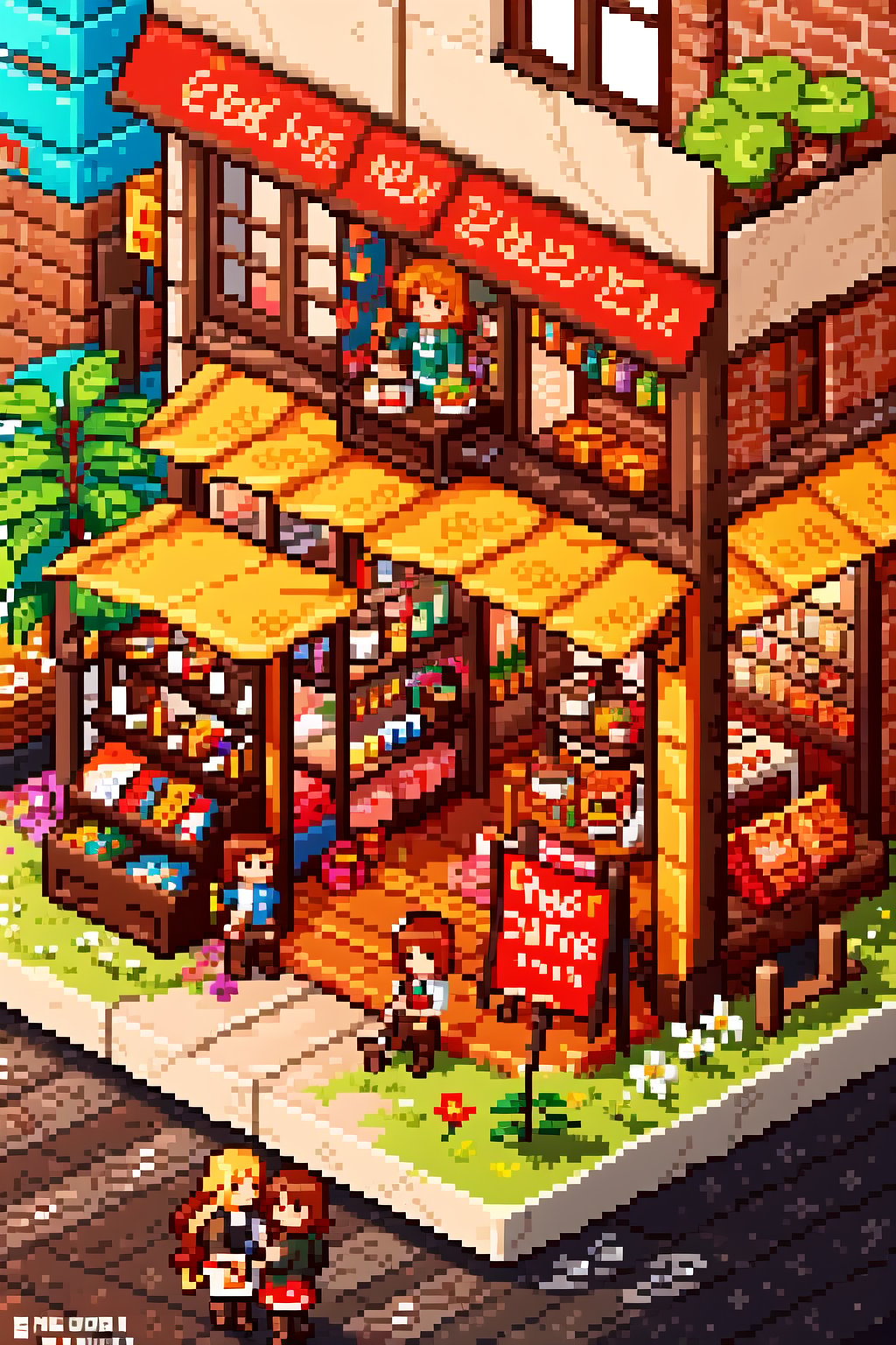 masterpiece, best quality, ultra detailed, hyperresolution, ultra-resolution, store, coffe shop, lego set, mini\(ttp\), isometric ,miniature, ,landscape, colorfull, dynamic, flowers, market,Pixel art