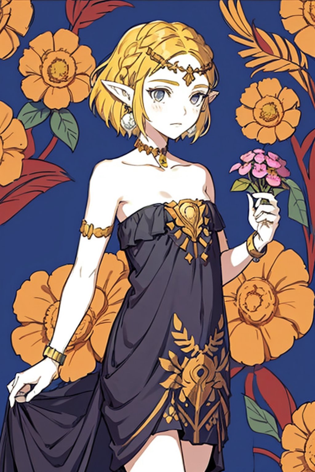 masterpiece, best quality, 1girl, flowers, ((flat color)), lineart, abstract, ornate, pattern, 

short hair,blonde hair,jewelry,earrings,pointy ears,bare shoulders, strapless,bracelet,dress,strapless dress,circlet,collarbone, loose dress, flushed,model body
