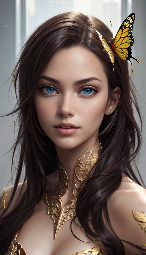 8k portrait of beautiful cyborg with brown hair, intricate, elegant, highly detailed, majestic, digital photography, art by artgerm and ruan jia and greg rutkowski surreal painting gold butterfly filigree, broken glass, (masterpiece, sidelighting, finely detailed beautiful eyes: 1.2), hdr, 