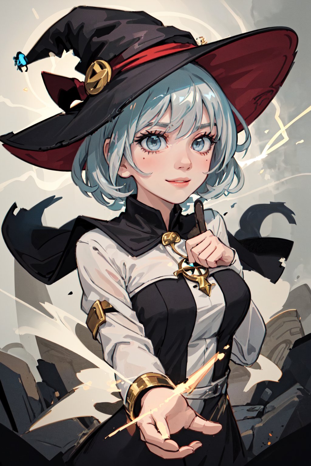 (best quality, masterpiece), 
(1man, wrinkled face, old  male:1.2),   grey eyes, gray hair, undercut,
portrait, looking at viewer, solo, (full body:0.6), detailed background, (, V0id3nergy, void theme:1.1), light smile, witch hat, witch, magical atmosphere, hair flowing in the wind, red trimmed dark colored clothes, dynamic pose, colorful whirlwind of swirling magic lightning in the air, swirling portal, dark magic, (style-swirlmagic:0.8), floating particles, desolate battlefield background, updraft, backlighting, dim light,
