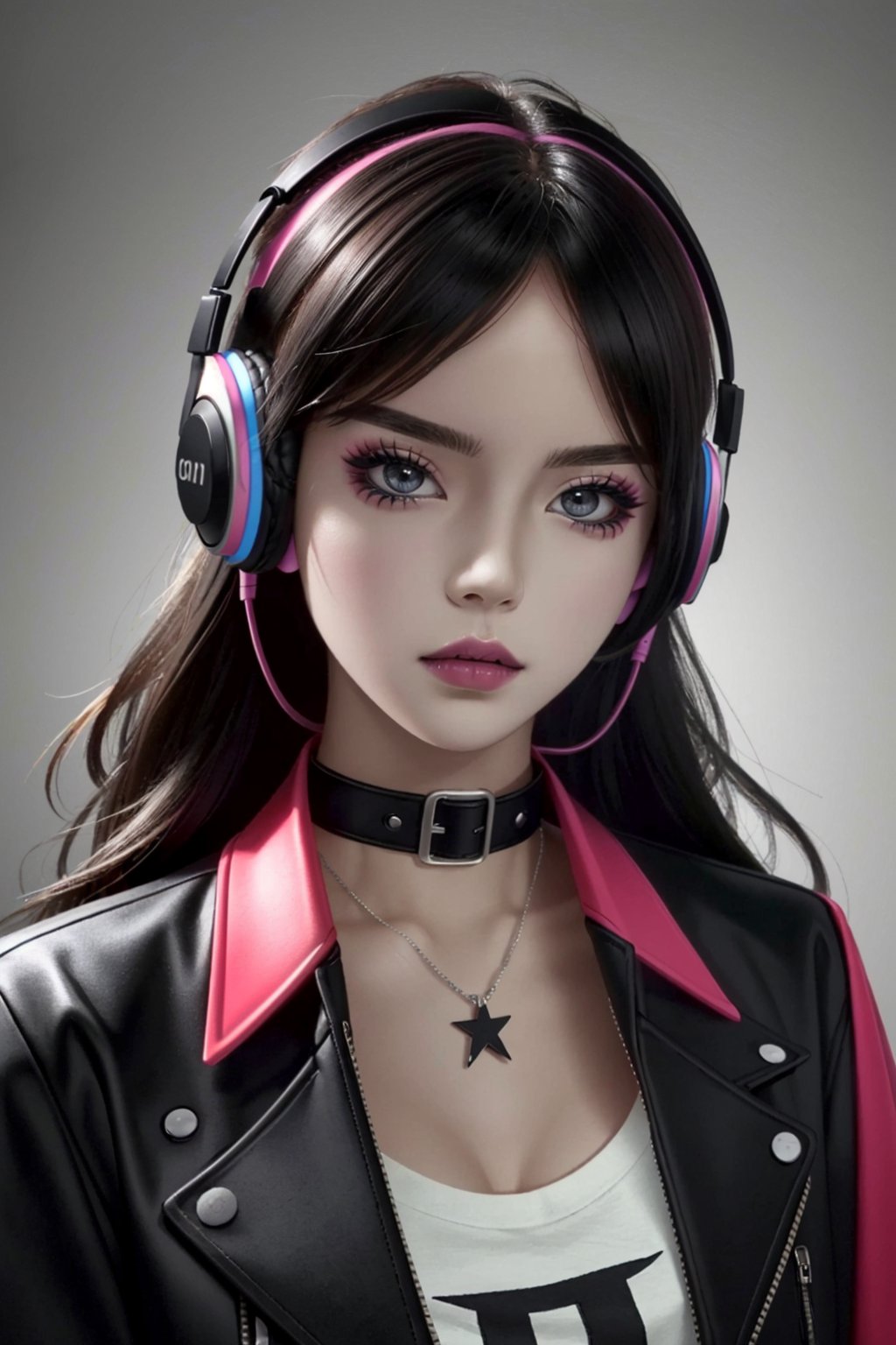 very realistic, superb resolution, ultra high definition, hyper detailed, extremely sharp, masterpiece, good composition, light mapping, chroma, centered well, vivid, vibrant, colorful, aesthetical perspective, goth punk hipster, headphones, high collar jacket, synth t-shirt