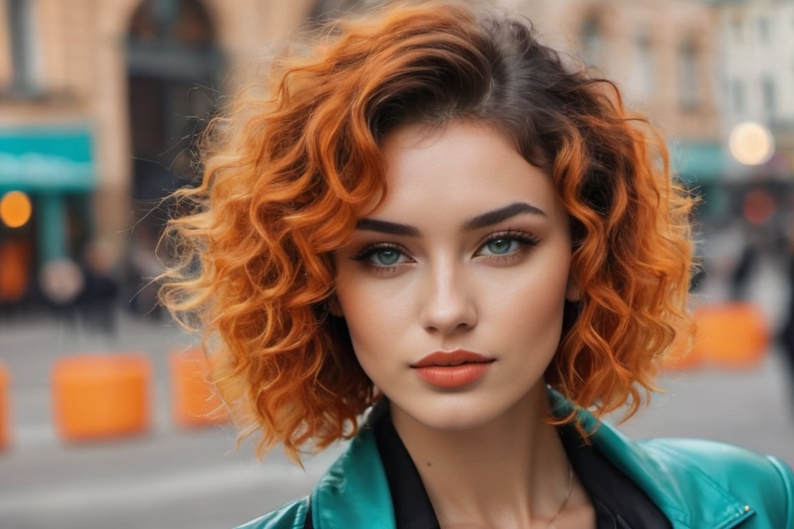 Create a beautiful russian 22 year old woman with turquoise wavy curly chin length hair, orange colored, black jacket.photo r3al,detailmaster2,aesthetic portrait