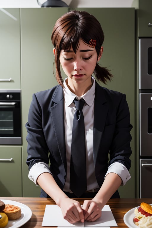 extreme quality, cg, (negative space), detailed face+eyesSMM,Kobeni wearing a suit,Kobeni in the Kitchen