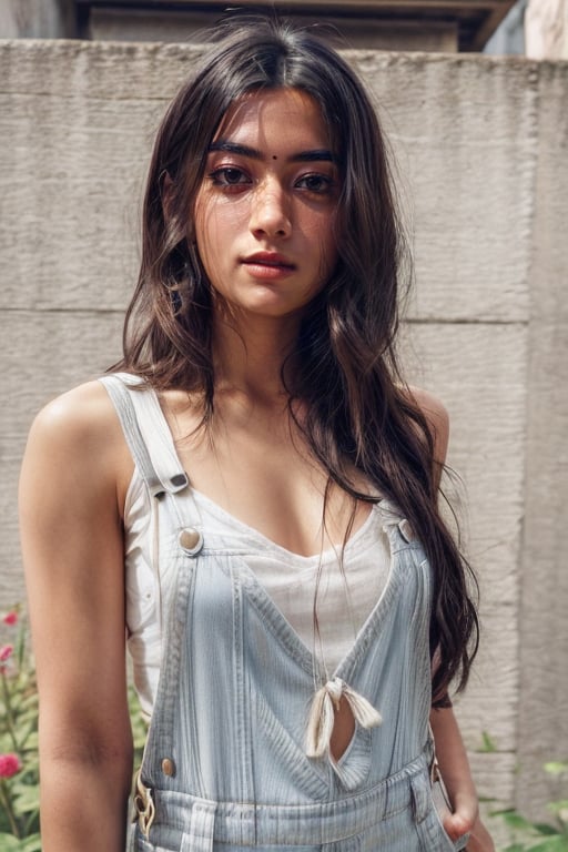 1girl,cute,26 yrs old,blonde short hairs,wearing dungaree,sneakers,casual dress,full body,most beautiful girl,white,hands in pocket,3d,8k,highly detailed,best quality,high resolution,masterpiece,cinematic lighting,studio,cute face,detailed face,garden,trees in background,rashmika 