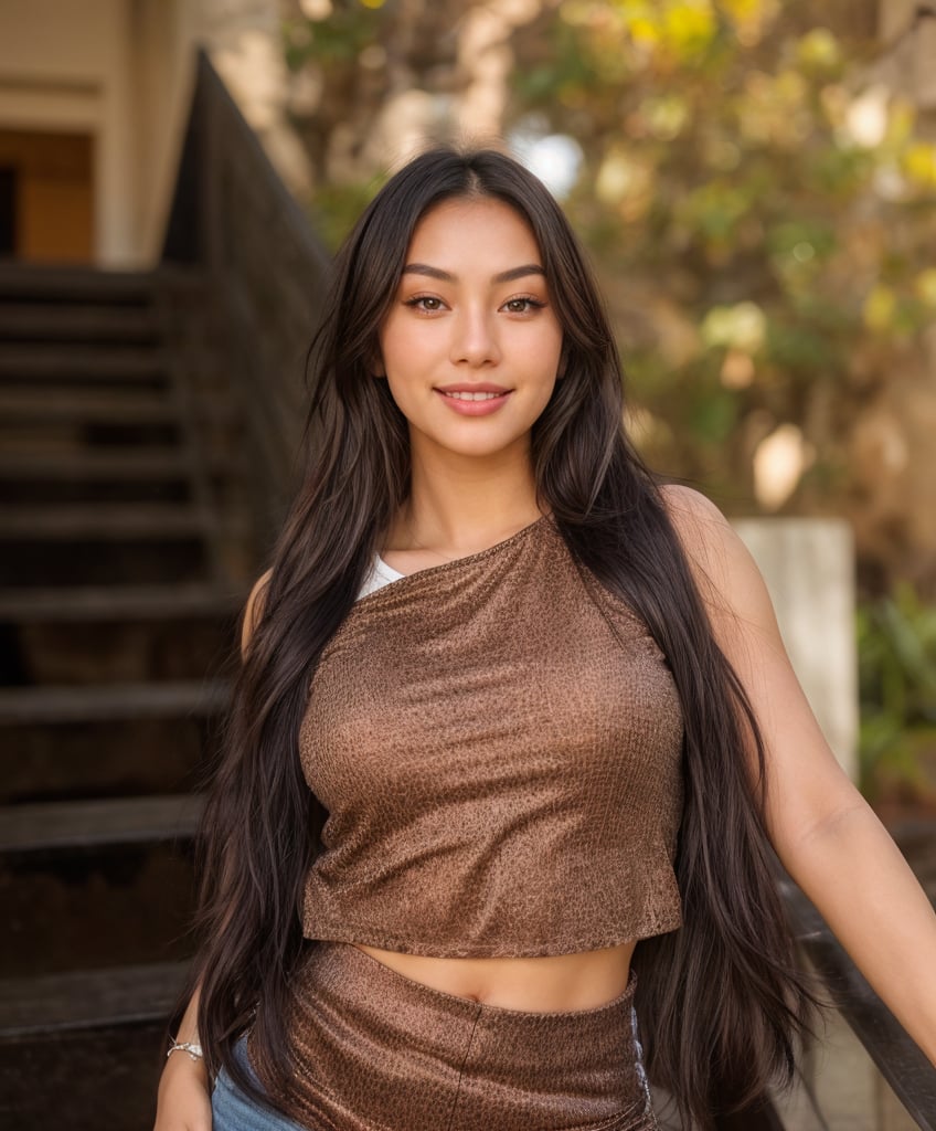 young asian woman smiling beautiful body die, smiling beautiful, photorealistic, an attractive woman wearing croptop t-shirt, extremely detailed eyes, white background, day soft lighting,