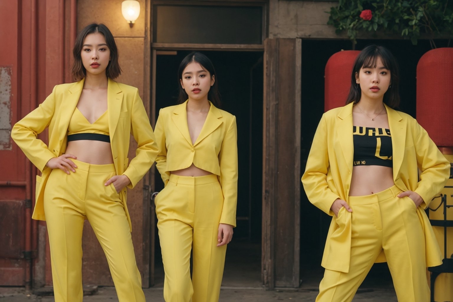 There are three girls in yellow suits posing for a photo, Music video, with yellow cloths, Image from a music video, black rose, performing a music video, KDA, perfume, twice, Sha Xi, Iu, e-girl, E - Girl, 4k], 4k], Y2K, and 2k, Vibrant Glow, 4k)