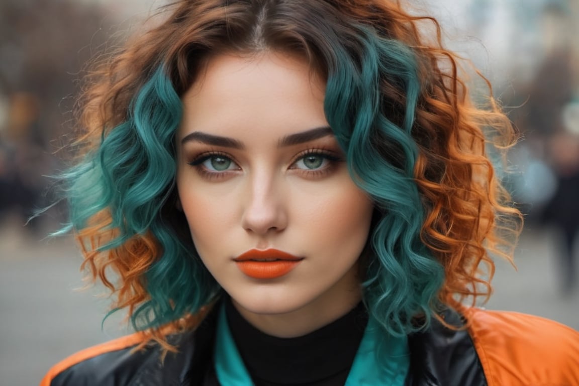 Create a beautiful russian 22 year old woman with turquoise wavy curly chin length hair, orange colored, black jacket.photo r3al,detailmaster2,aesthetic portrait