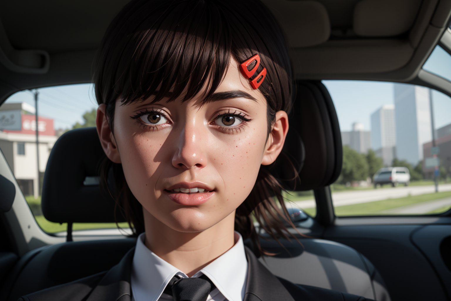 extreme quality, cg, (negative space), detailed face+eyesSMM,Kobeni wearing a suit,Kobeni driving a car