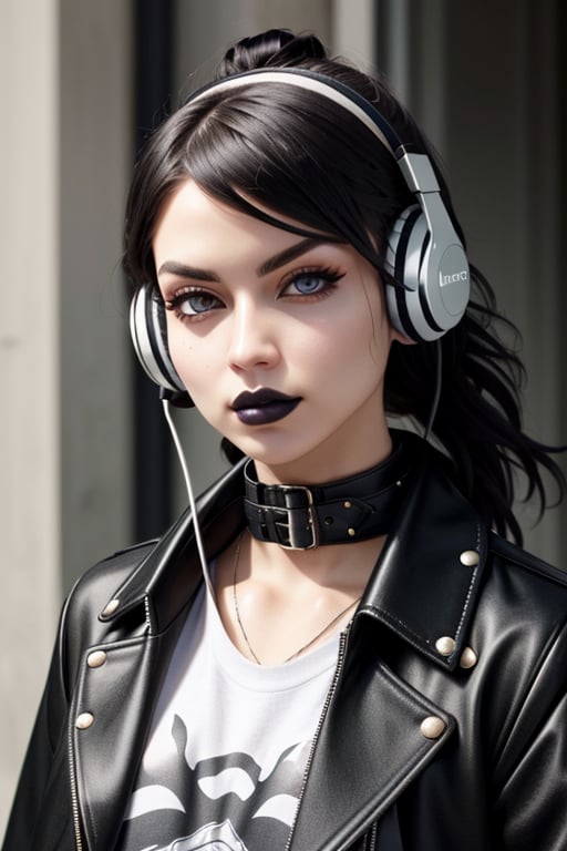 very realistic, superb resolution, ultra high definition, hyper detailed, extremely sharp, masterpiece, good composition, light mapping, chroma, centered well, vivid, vibrant, colorful, aesthetical perspective, goth punk hipster, headphones, high collar jacket, synth t-shirt