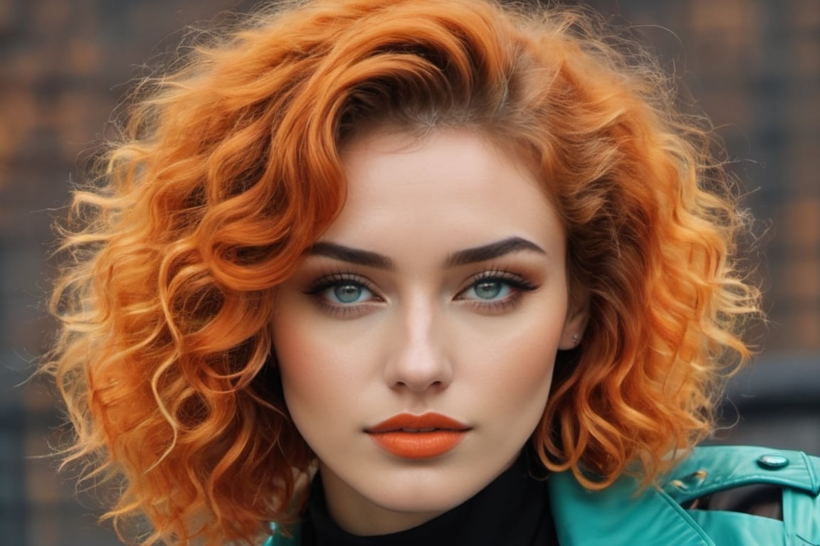 Create a beautiful russian 22 year old woman with turquoise wavy curly chin length hair, orange colored, black jacket.photo r3al,detailmaster2,aesthetic portrait