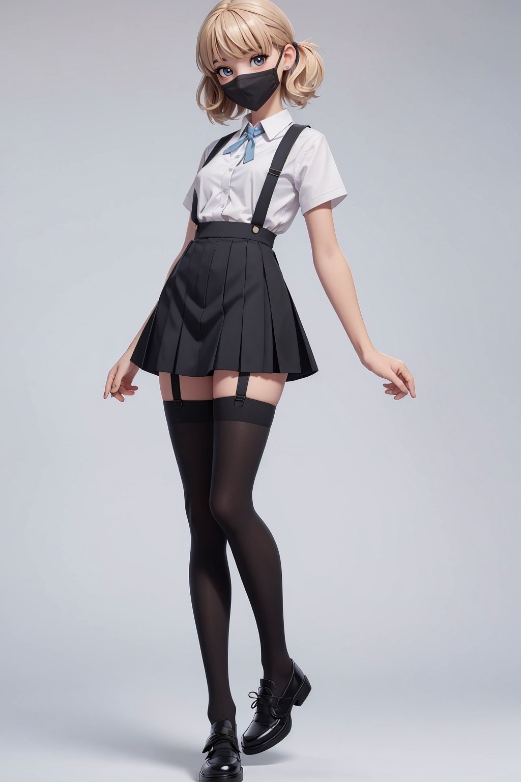 character sheet, blonde haired girl, student clothes, light blue background, beautiful, good hands, full body,looking to the camera, good body, 18 year old girl body,school shoes, school skirt, school shirt, black shoes, sexy pose, full_body, with small earrings, character_sheet, fashionable hairstyle, school_uniform, shoes_black, with black mask, face_clothmask_black ,school_shoes_black,arcane style,
, clothes with accessories, denier tights in beige, stockings_colorbeige, Reclaimed Vintage side cut out tights in black, clothes sexy, Bluebella garter suspender in black