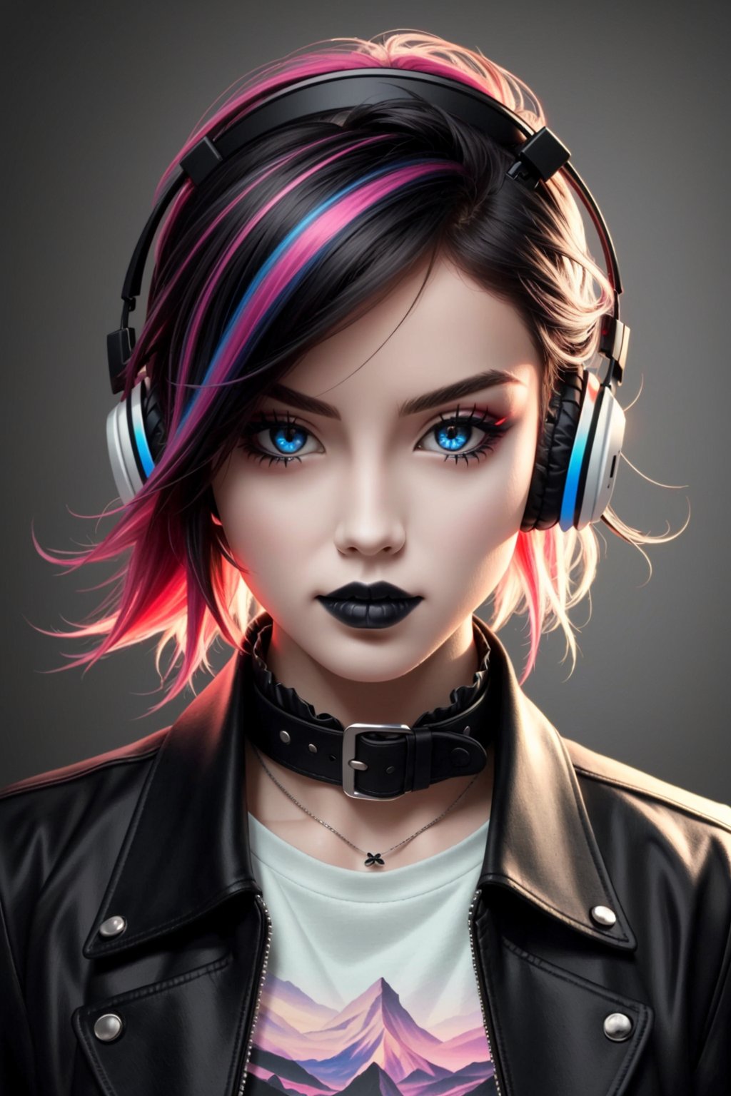 very realistic, superb resolution, ultra high definition, hyper detailed, extremely sharp, masterpiece, good composition, light mapping, chroma, centered well, vivid, vibrant, colorful, aesthetical perspective, goth punk hipster, headphones, high collar jacket, synth t-shirt