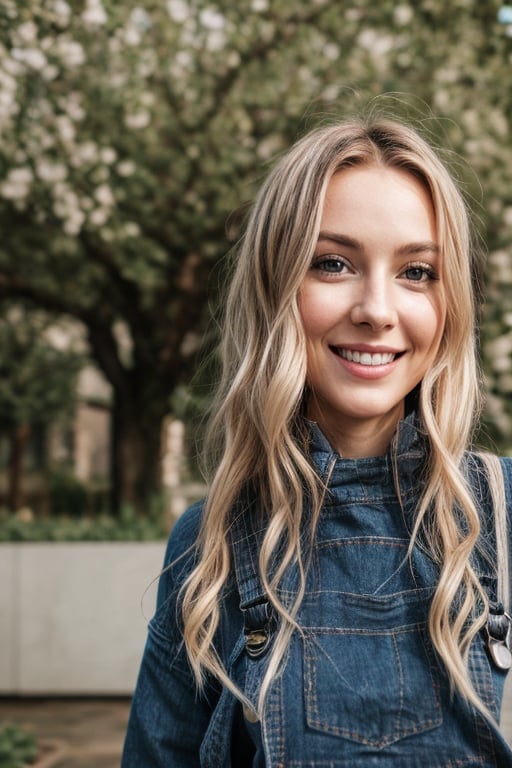 1girl,cute,26 yrs old,blonde short hairs,wearing dungaree,sneakers,smiling,casual dress,full body,most beautiful girl,white,hands in pocket,3d,8k,highly detailed,best quality,high resolution,masterpiece,cinematic lighting,studio,cute face,detailed face,garden,trees in background