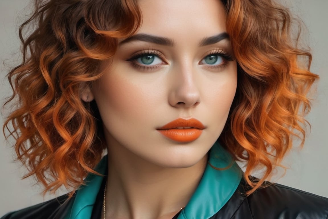 Create a beautiful russian 22 year old woman with turquoise wavy curly chin length hair, orange colored, black jacket.photo r3al,detailmaster2,aesthetic portrait