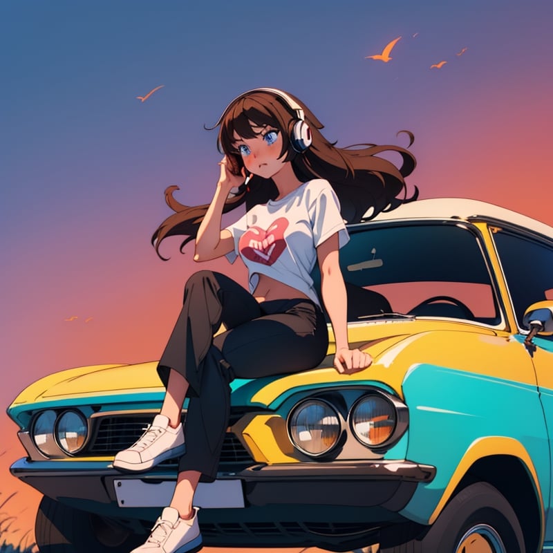 Girl with soft brown hair.
18 years.
Blue eyes.
Blushing.
Serious.
Headphones.
Sitting on a car.
Black T-shirt (solid color).
Medium breasts
big thighs
Black pants
black shoes
Sunset background,1 girl,SAM YANG