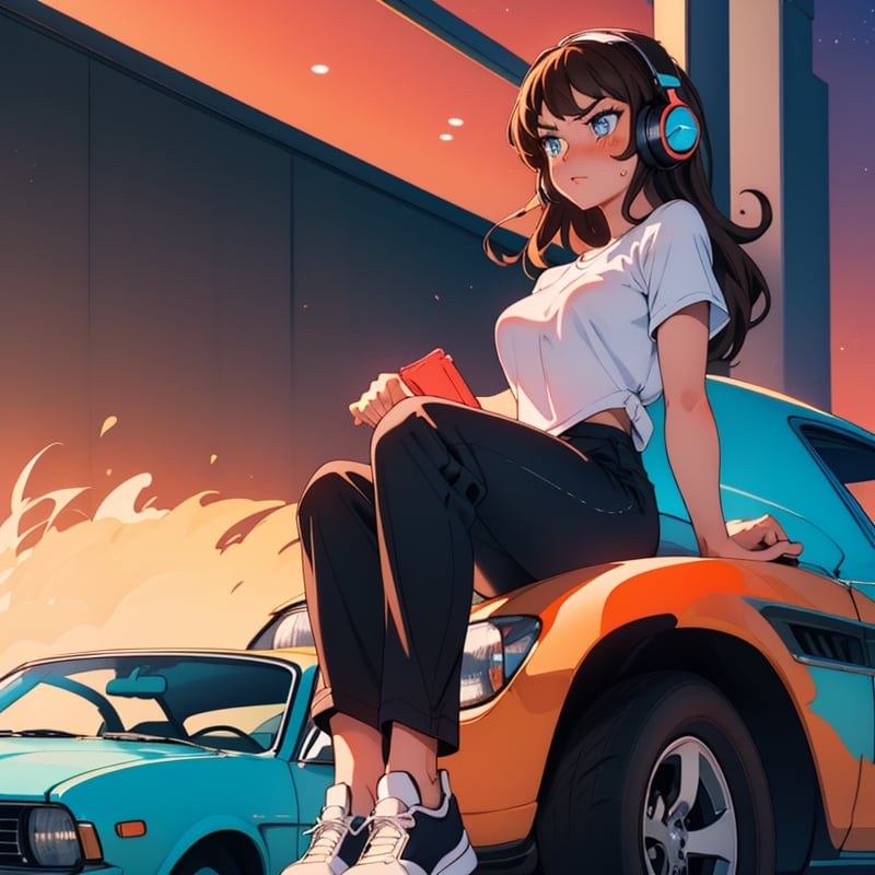 Girl with soft brown hair.
18 years.
Blue eyes.
Blushing.
Serious.
Headphones.
Sitting on a car.
Black T-shirt (solid color).
Medium breasts
big thighs
Black pants
black shoes
Sunset background,1 girl,SAM YANG