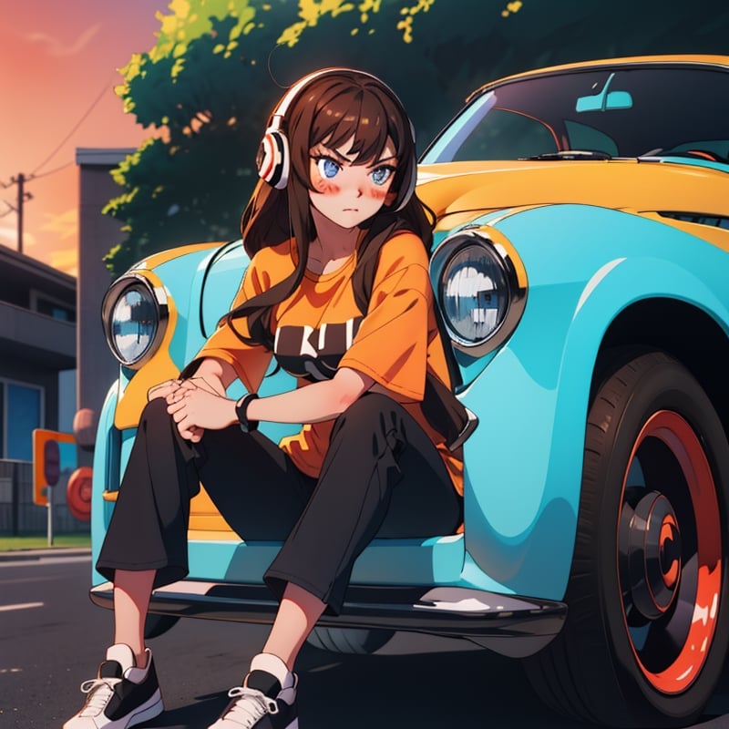 Girl with soft brown hair.
18 years.
Blue eyes.
Blushing.
Serious.
Headphones.
Sitting on a car.
Black T-shirt (solid color).
Medium breasts
big thighs
Black pants
black shoes
Sunset background,1 girl,SAM YANG