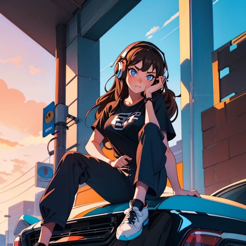 Girl with soft brown hair.
18 years.
Blue eyes.
Blushing.
Serious.
Headphones.
Sitting on a car.
Black T-shirt (solid color).
Medium breasts
big thighs
Black pants
black shoes
Sunset background,1 girl,SAM YANG