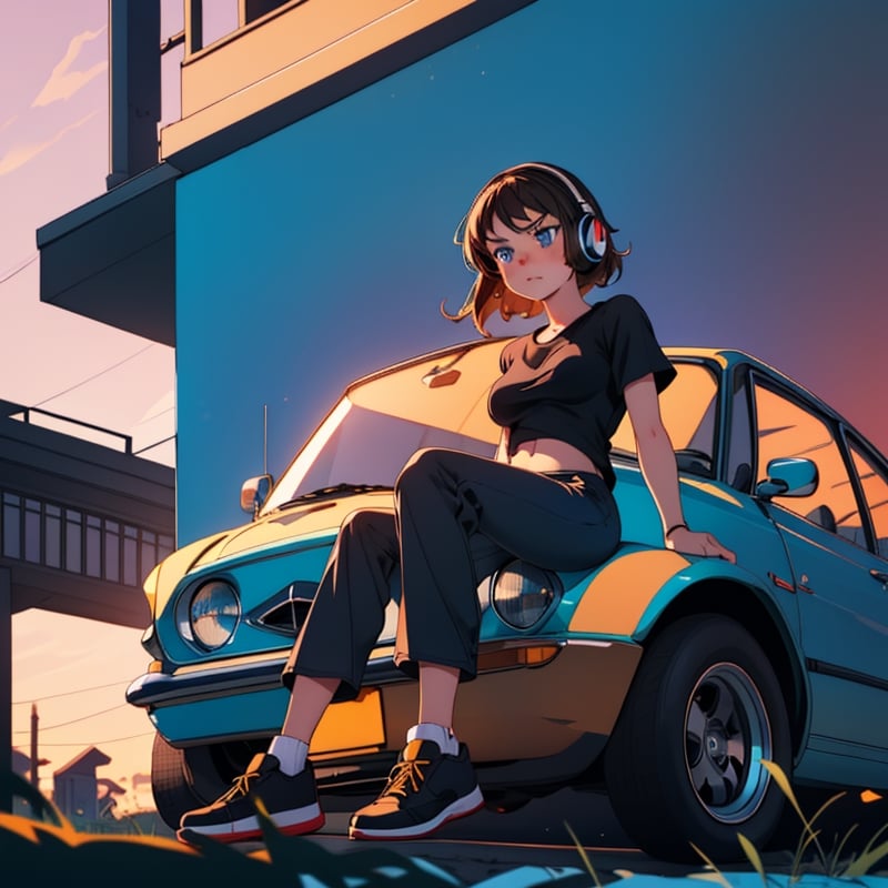 Girl with soft brown hair.
18 years.
Blue eyes.
Blushing.
Serious.
Headphones.
Sitting on a car.
Black T-shirt (solid color).
Medium breasts
big thighs
Black pants
black shoes
Sunset background,1 girl,SAM YANG