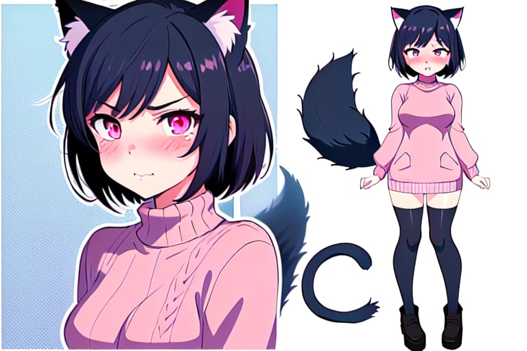masterpiece, best quality, detailed faces and eyes, 1 girl, short hair, anger, maid, blushing, pink eyes, outline, black hair, dislike, full body, cat ears, fox tail, sweater, cute face, (with a face of😍 )
