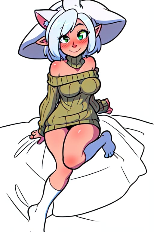 masterpiece, best quality, detailed faces and eyes, 1 girl, breasts, short hair, smile, sweater, turtleneck, ribbed sweater, blushing, one green eye, one blue eye, outline, white hair, smile, full body, ears cat, foxtail, white, bed, sweater, slim, cute face, one shoulder bare.