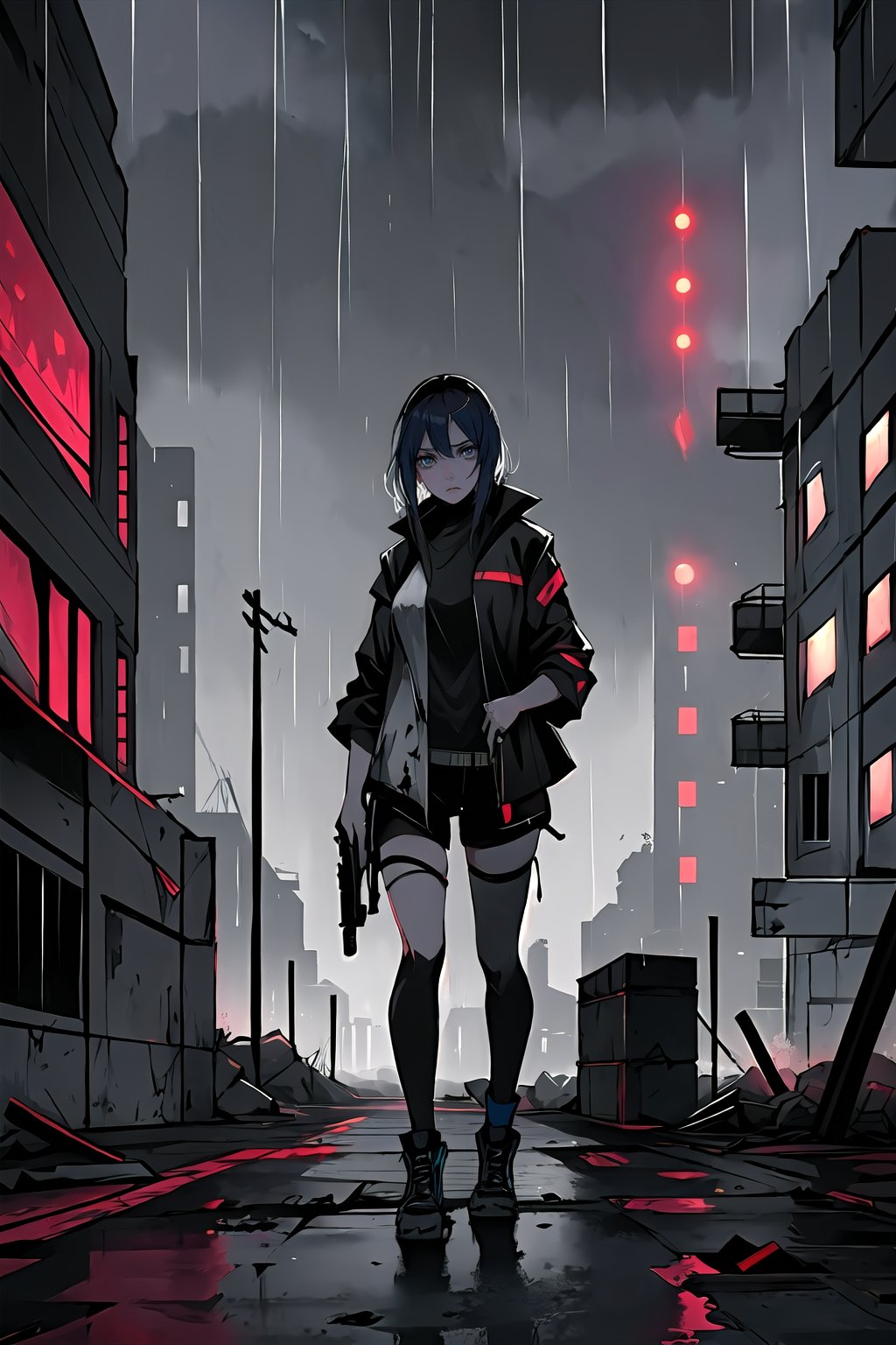 a girl in techwear style clothes and a gun on her back alone in a destroyed cyberpunk city with a melancholic atmosphere produced by the rain that wets the city looking towards the camera