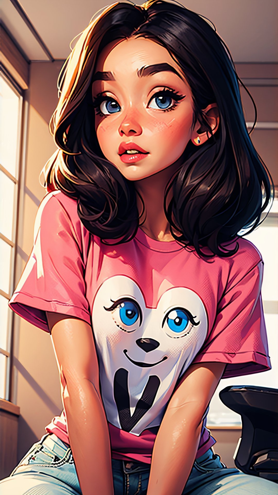 1girl,shitty t-shirt ,eyebrows,heart eyes,beautiful girl, blush