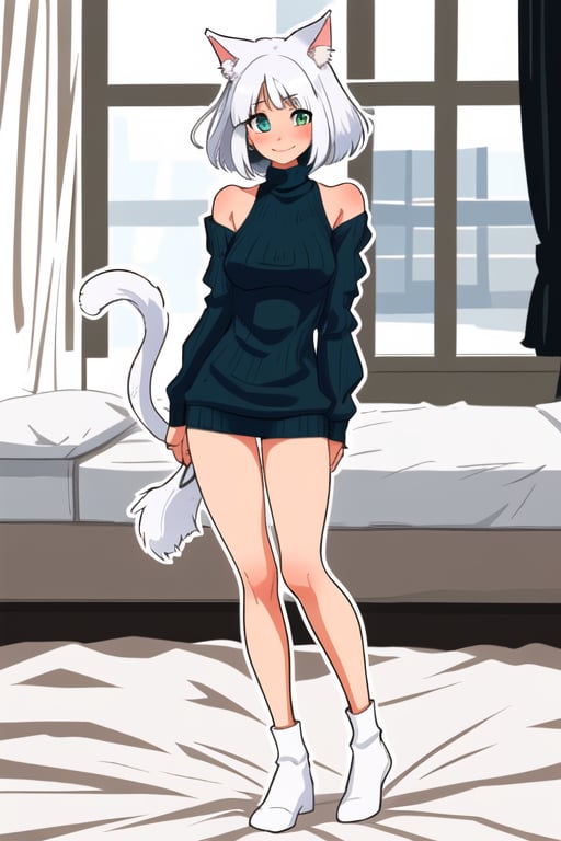 masterpiece, best quality, detailed faces and eyes, 1 girl, breasts, short hair, smile, sweater, turtleneck, ribbed sweater, blushing, one green eye, one blue eye, outline, white hair, smile, full body, ears cat, foxtail, white, bed, sweater, slim, cute face, one shoulder bare.,SAM YANG
