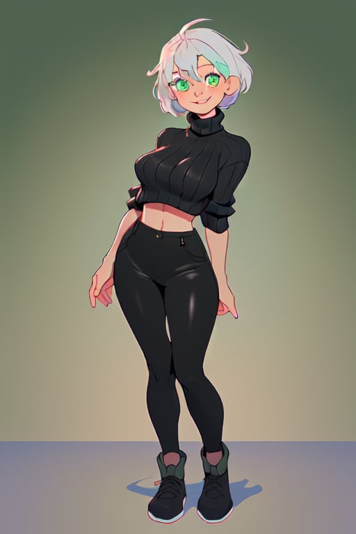 masterpiece, best quality, detailed faces and eyes, 1 girl, breasts, black shirt, solo, short hair, smile, sweater, turtleneck, ribbed sweater, blushing, looking at viewer, green eyes, outline, white hair, smile, full body