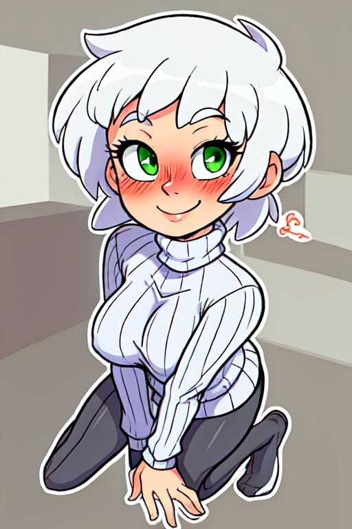 masterpiece, best quality, detailed faces and eyes, 1 girl, breasts, black shirt, solo, short hair, smile, sweater, turtleneck, ribbed sweater, blushing, looking at viewer, green eyes, outline, white hair, smile, full body