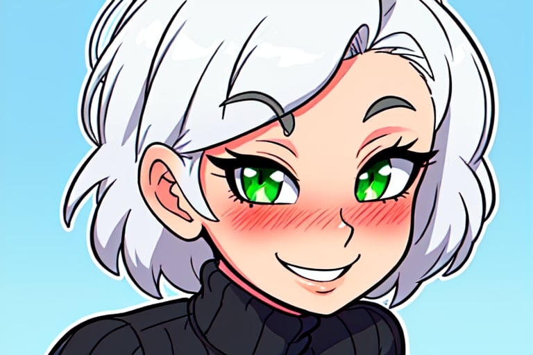 masterpiece, best quality, detailed faces and eyes, 1 girl, breasts, black shirt, solo, short hair, smile, sweater, turtleneck, ribbed sweater, blushing, looking at viewer, green eyes, outline, white hair, smile.