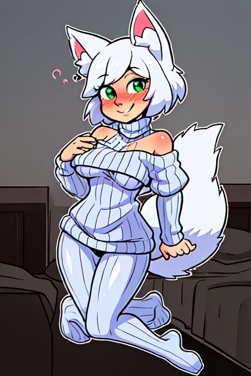 masterpiece, best quality, detailed faces and eyes, 1 girl, breasts, short hair, smile, sweater, turtleneck, ribbed sweater, blushing, one green eye, one blue eye, outline, white hair, smile, full body, ears cat, fox tail, white, bed, sweater, slim, cute face, bare shoulder, long leggings.