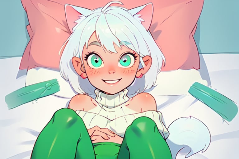 masterpiece, best quality, detailed faces and eyes, 1 girl, breasts, short hair, smile, sweater, turtleneck, ribbed sweater, blushing, one green eye, one blue eye, outline, white hair, smile, full body, ears cat, fox tail, white, sweater, slim, cute face, bare shoulder, long leggings. lying down, bed