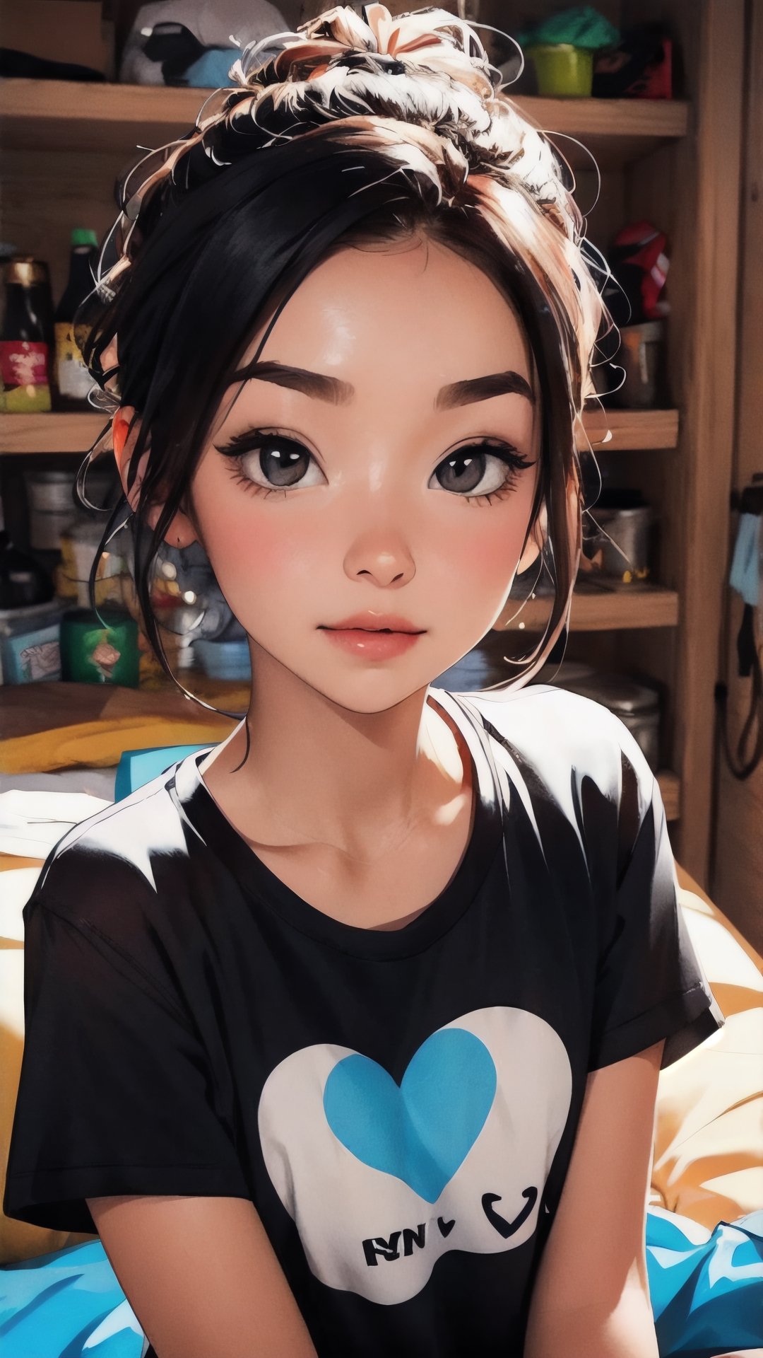 1girl,shitty t-shirt ,eyebrows,heart eyes,beautiful girl, blush