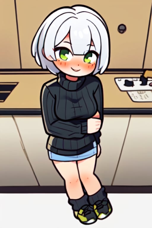 masterpiece, best quality, detailed faces and eyes, 1 girl, breasts, black shirt, solo, short hair, smile, sweater, turtleneck, ribbed sweater, blushing, looking at viewer, green eyes, outline, white hair, smile, full body