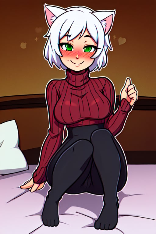 masterpiece, best quality, detailed faces and eyes, 1 girl, breasts, short hair, smile, sweater, turtleneck, ribbed sweater, blushing, green eyes, outline, white hair, smile, full body, cat ears, bed