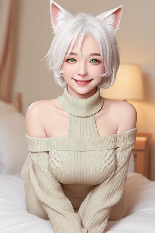 masterpiece, best quality, detailed faces and eyes, 1 girl, breasts, short hair, smile, sweater, turtleneck, ribbed sweater, blushing, green eyes, outline, white hair, smile, full body, cat ears, tail fox, white, bed, sweater, slack, cute face, bare shoulder