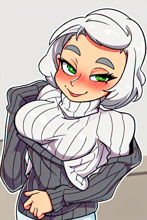 masterpiece, best quality, detailed faces and eyes, 1 girl, breasts, black shirt, solo, short hair, smile, sweater, turtleneck, ribbed sweater, blushing, looking at viewer, green eyes, outline, white hair, smile.