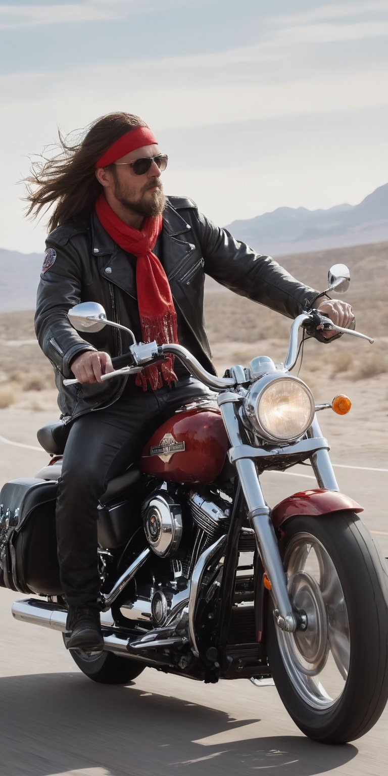 An old biker with red bandana with white polka dots on his Harley Davidson on Route 66, long hair blowing in the wind, leather jacket, high speed, high dust, grandiose scene, all elements of the scene are meticulously detailed, Ultra HD 8 K,Extremely Realistic,anepicboy