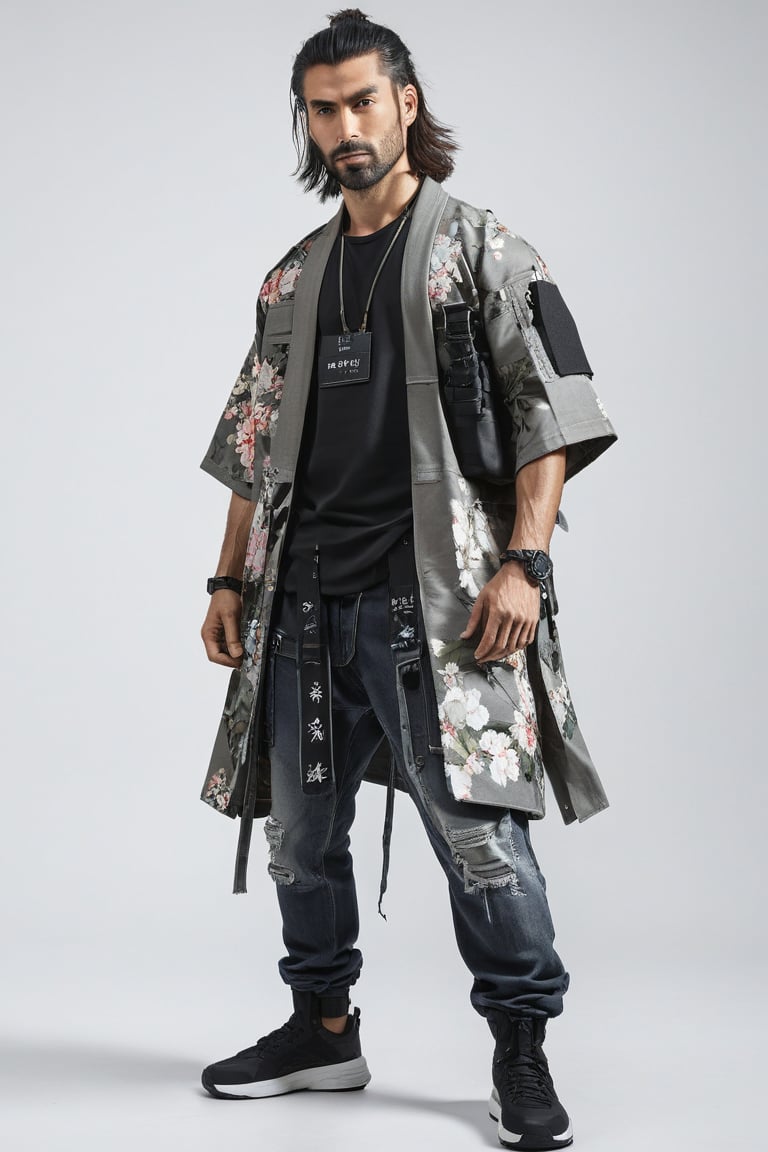 1man, male, Long-exposure, head to toe, Full view portrait of a man, handsome face, muscular body, samurai long hair hairstyle, floral-patterned baggy loose-fitting large tactical kimono , Baggy ripped cargo jeans, high-cut sneakers, detailed skin texture, front view, age 31, 31 years old, hyperdetailed photography, cover,photorealistic, urban techwear, TechStreetwear, tactical gear, tacticalgear,mullet_hair,shullet,