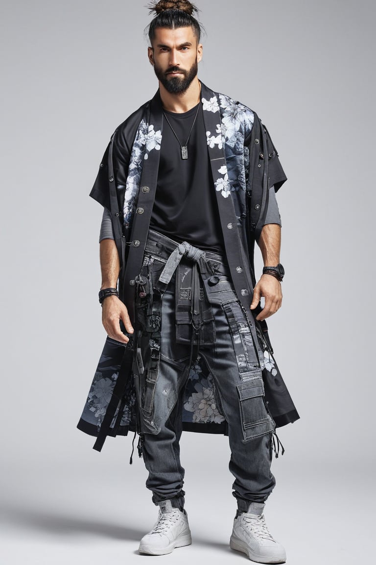 1man, male, Long-exposure, head to toe, Full view portrait of a man, handsome face, muscular body, viking hair, samurai hair, ((long high-knot tied wavy hair)), floral-patterned baggy loose-fitting large tactical kimono , Baggy ripped cargo jeans, high-cut sneakers, detailed skin texture, front view, age 31, 31 years old, hyperdetailed photography, cover,photorealistic, urban techwear, TechStreetwear, tactical gear, tacticalgear,mullet_hair,shullet,