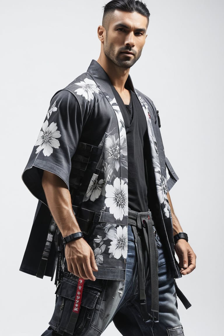 1man, male, Long-exposure, head to toe, Full view portrait of a man, handsome face, muscular body, samurai long hair hairstyle, floral-patterned baggy loose-fitting large tactical kimono , Baggy ripped cargo jeans, high-cut sneakers, detailed skin texture, front view, age 31, 31 years old, hyperdetailed photography, cover,photorealistic, urban techwear, TechStreetwear, tactical gear, tacticalgear,mullet_hair,shullet,